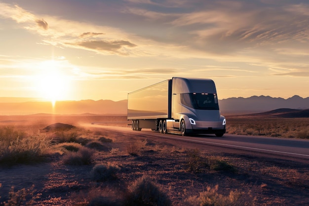 Camion eléctrico autónomo conduciendo en una autopista con el fondo de la puesta de sol en un paisaje desértico