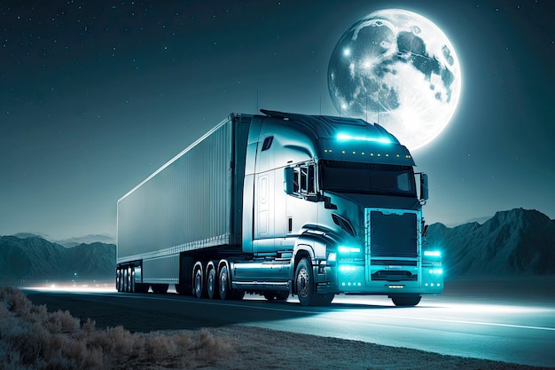 Camión entrega carga por la noche logística comercial global