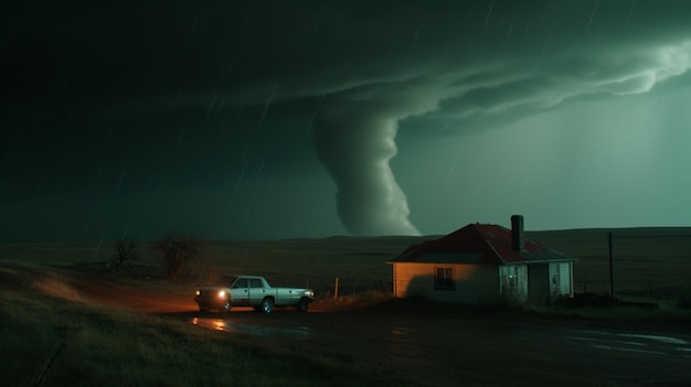 Un camión está estacionado frente a una casa con un tornado en el lado derecho.