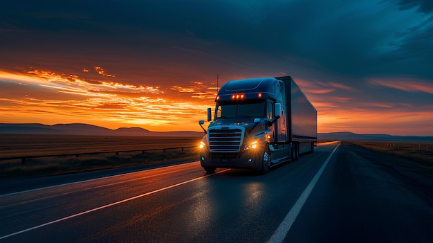 Un camión está viajando por una carretera al atardecer