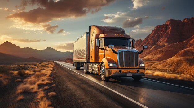 Camion estilo americano en la autopista tirando de la carga al atardecer a través del paisaje del desierto