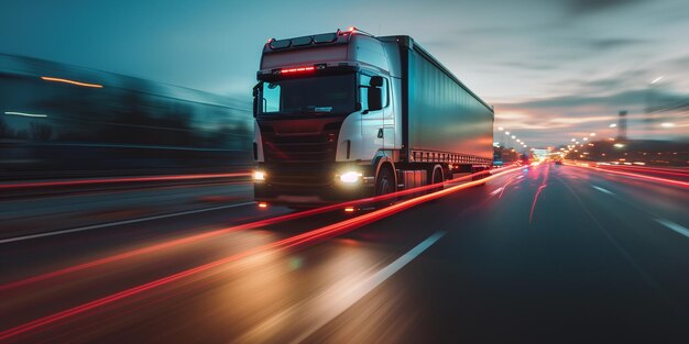 Foto camión europeo en movimiento en la carretera por la noche