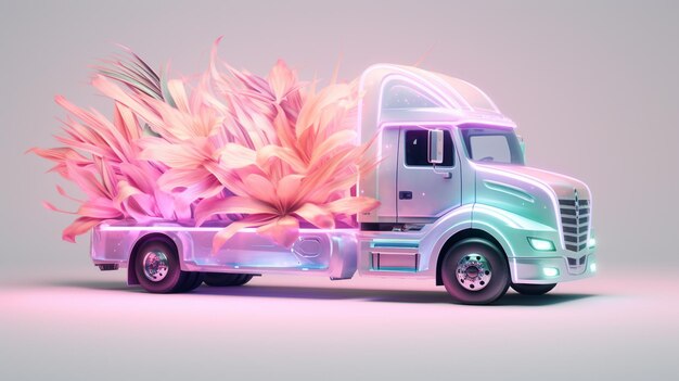 Camion con flores en un fondo rosado 3d rendering generativa IA