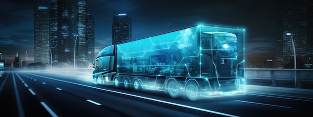 Camión futurista con luces de neón en la carretera nocturna Creado con tecnología de IA generativa