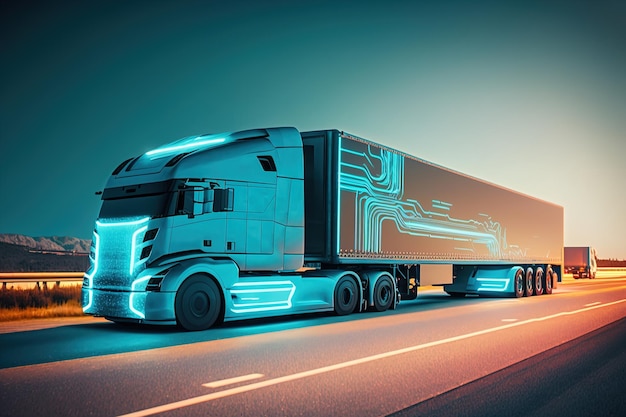 Un camión futurista con piloto automático entrega mercancías a un almacén AI