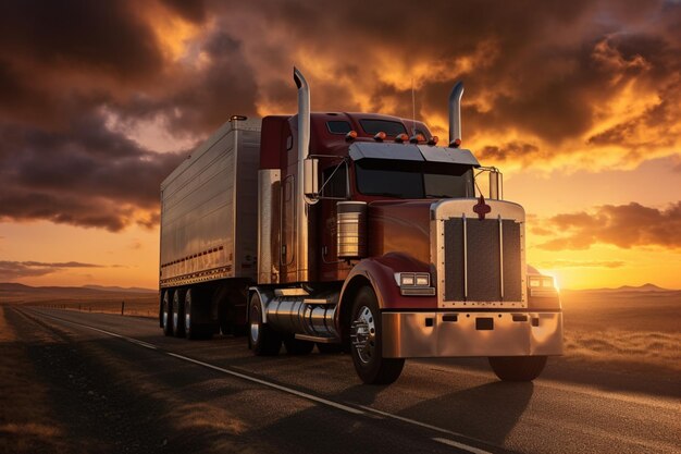 Foto un camión con un gran remolque está en el telón de fondo de la puesta de sol