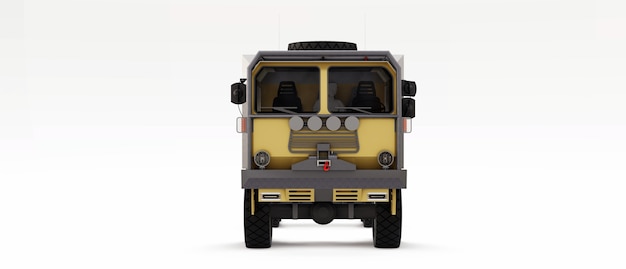 Camión grande preparado para expediciones largas y difíciles en zonas remotas. Camión con casa sobre ruedas. Ilustración 3D.