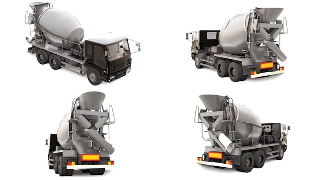 Camión hormigonera en fondo blanco. Ilustración tridimensional de equipos de construcción. Representación 3D.