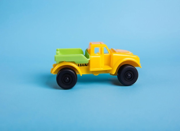 Un camión de juguete amarillo con un taxi verde y un taxi verde.
