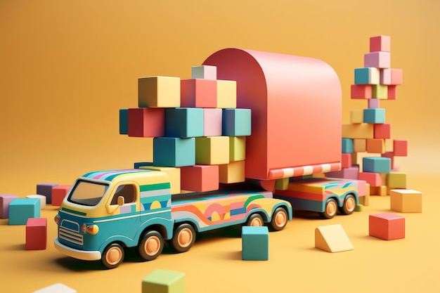 Un camión de juguete con un contenedor grande en la parte trasera.
