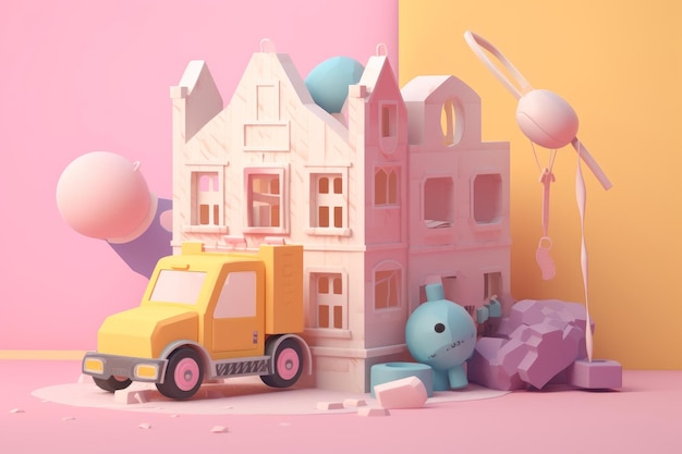 Un camión de juguete se encuentra frente a una casa rosa.