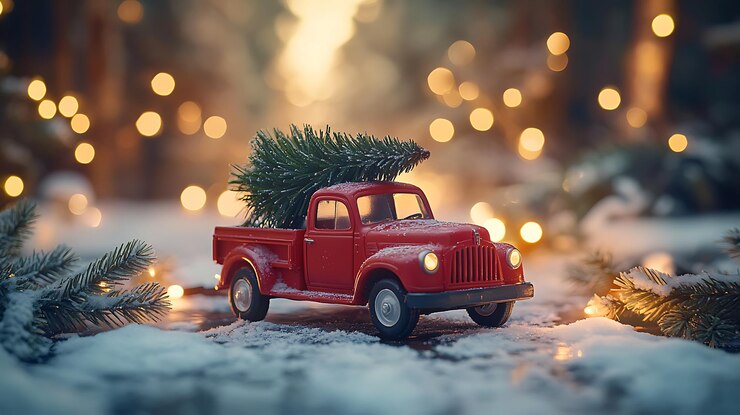 El camión de juguete rojo que lleva el árbol de Navidad en la mesa nevada