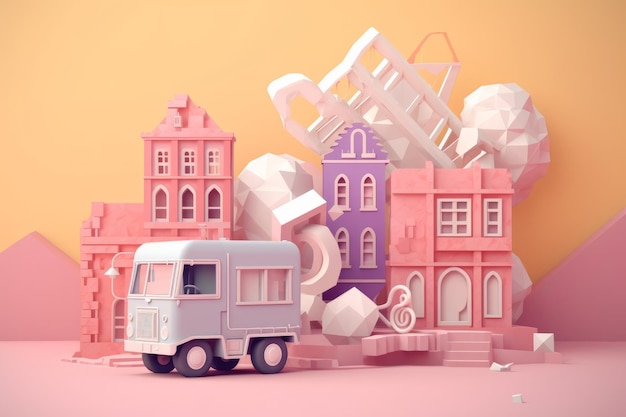 Un camión de juguete rosa está rodeado por un montón de casas pequeñas.