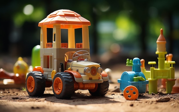 Un camión de juguetes rodeado de varios juguetes en la tierra como si estuvieran explorando un nuevo mundo juntos