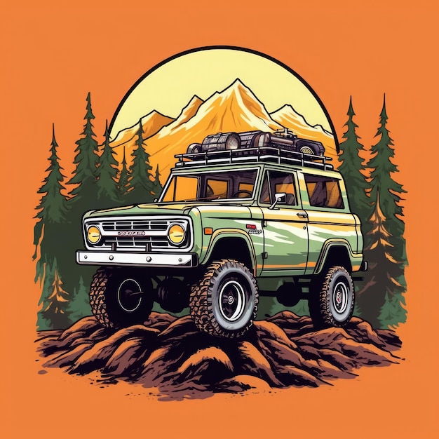 Un camión land rover naranja y verde con montañas al fondo.