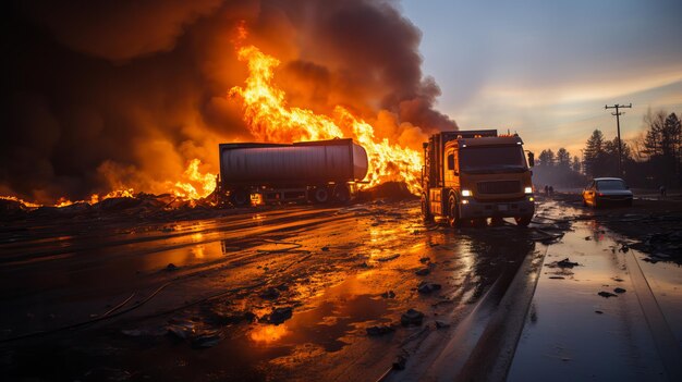 Foto camión en llamas por la noche ia generativa