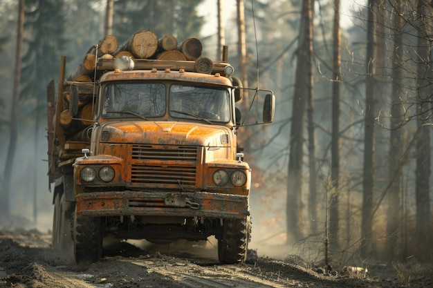 Camion con madera en el bosque