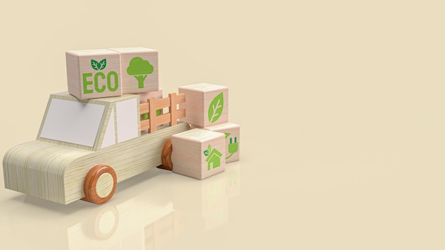 El camión de madera y el símbolo ecológico en el cubo para la tecnología o el concepto ecológico de representación 3d