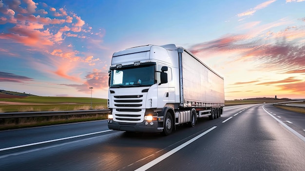 Foto el camión majestic scania r400 conduciendo hacia la puesta de sol en la autopista