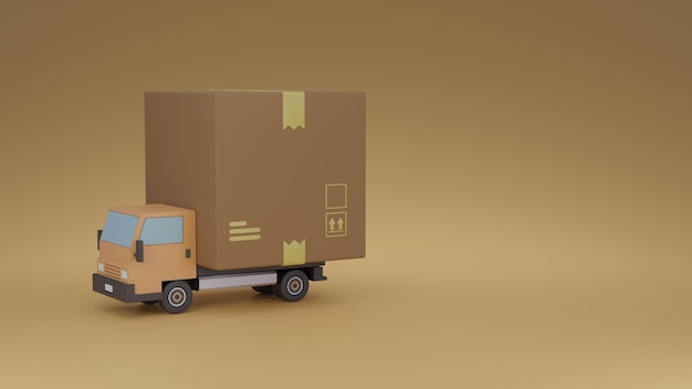 Camión de mensajería de entrega logística con caja de paquete de cartón como ilustración de representación 3D de almacenamiento