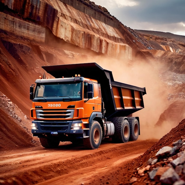 Un camión de minería gigante que transporta rocas y mineral a través de la zona de la mina de cantera