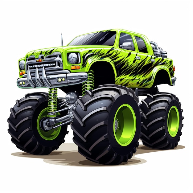 Camión monstruo de dibujos animados con neumáticos grandes y un ai generativo de cuerpo verde
