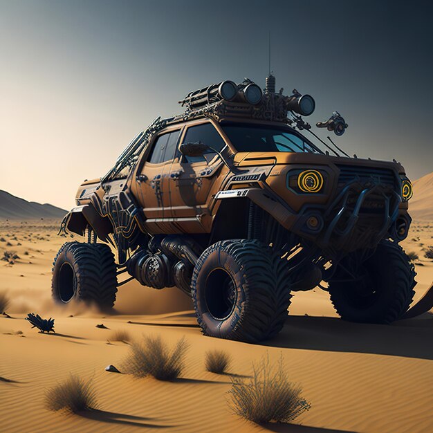 Un camión monstruo con un logotipo en el frente está en el desierto.