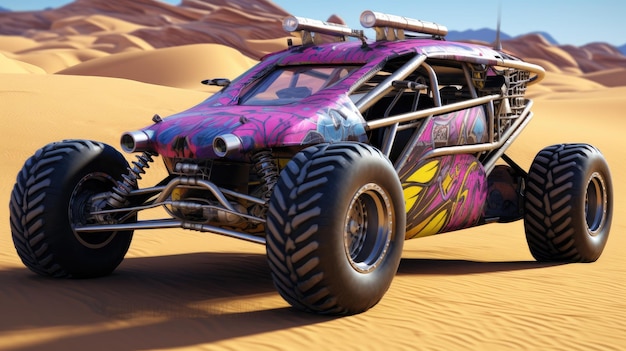 Un camión monstruo morado y rosa en el desierto