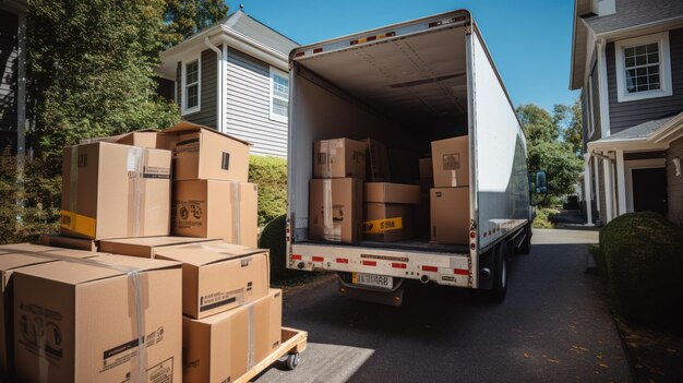 Foto un camión de mudanzas abierto lleno de cajas de cartón en el camino de entrada de una casa suburbana