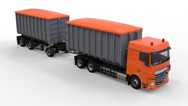 Camión naranja grande con remolque separado, para transporte de materiales y productos agrícolas y de construcción a granel. Representación 3D.