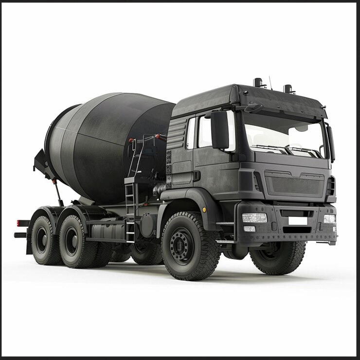 un camión negro y gris con un tanque negro en la parte trasera