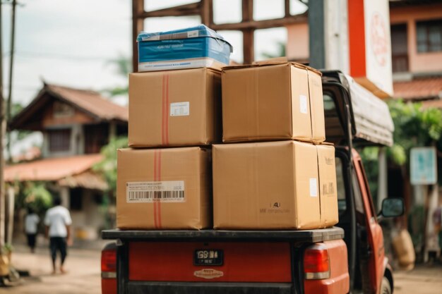 Foto camion o camión entregando mercancías o cajas a una tienda o tienda de la calle principal sin gente