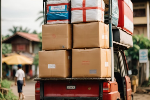 Foto camion o camión entregando mercancías o cajas a una tienda o tienda de la calle principal sin gente