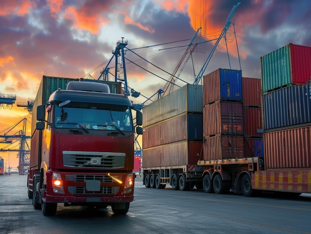 Camión pesado que transporta contenedores en el telón de fondo de un gran puerto industrial