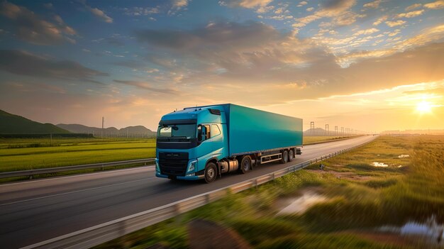 Un camión de promesa azul está conduciendo en la autopista con campos verdes y el fondo del cielo al atardecer