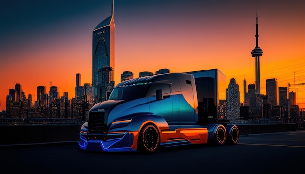 Un camión con un remolque azul que dice camión en el frente.