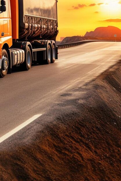 Foto camión con remolque de carga de volcado que transporta arena de la cantera que conduce por la carretera que transporta mercancías en