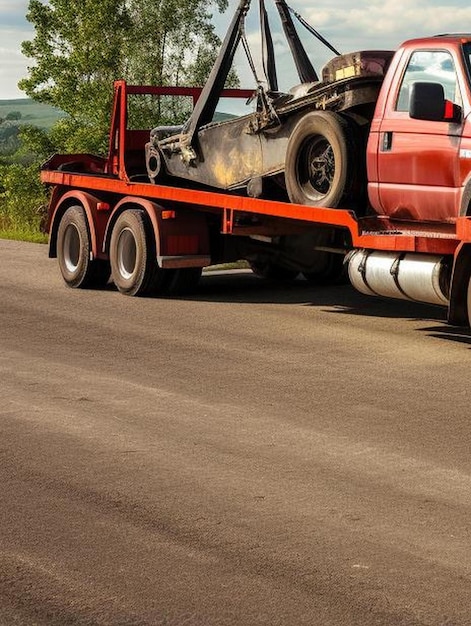 Foto camión de remolque con coche roto en la carretera de campo camión de remolque transportando coche en la autopista
