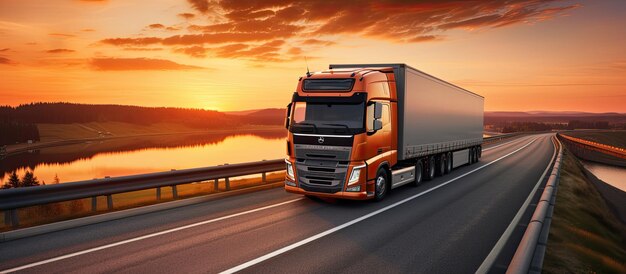 Un camión con un remolque conduce por la autopista por la noche con una puesta de sol anaranjada y soleada en el