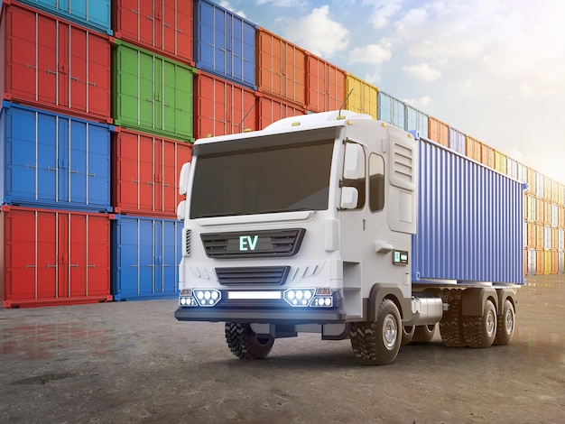 Camión de remolque logístico Ev o camión de vehículos eléctricos en la terminal de contenedores
