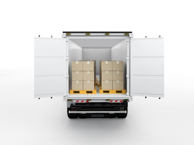 Camión de remolque logístico o camión cargando completamente cajas de cartón