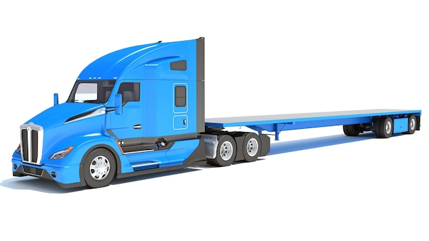 Foto camión con remolque plano con representación 3d sobre fondo blanco