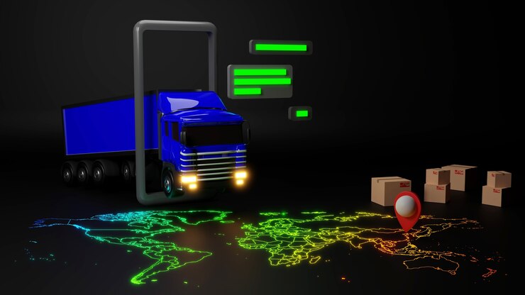 Foto camión de reparto 3d cargado con una caja de cartón y un teléfono inteligente con puntero de mapa mundial. concepto de servicio de entrega y envío.