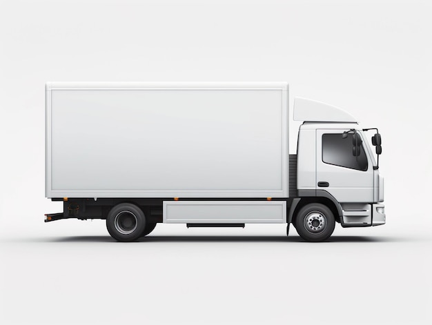 El camión de reparto blanco es una publicidad de camión de carga de vista lateral.