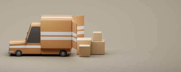 Camión de reparto de carga con renderizado 3d de cajas de cartón