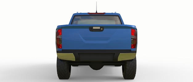 Camión de reparto de vehículos comerciales azul con doble cabina. Máquina sin insignias con un cuerpo limpio y vacío para acomodar sus logotipos y etiquetas. Representación 3D.