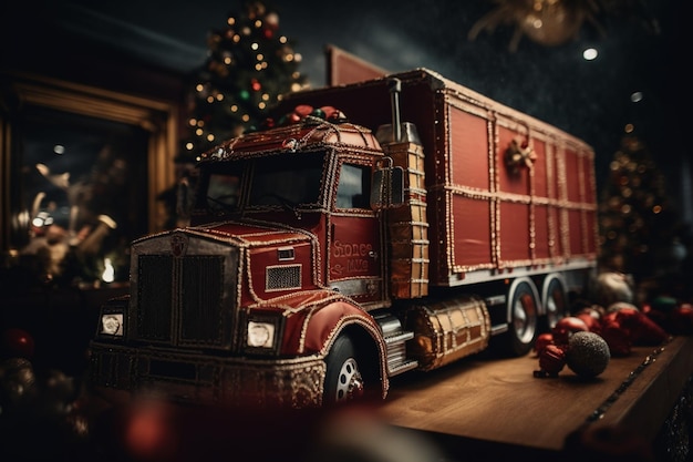 Un camión rojo con un árbol de navidad al fondo.