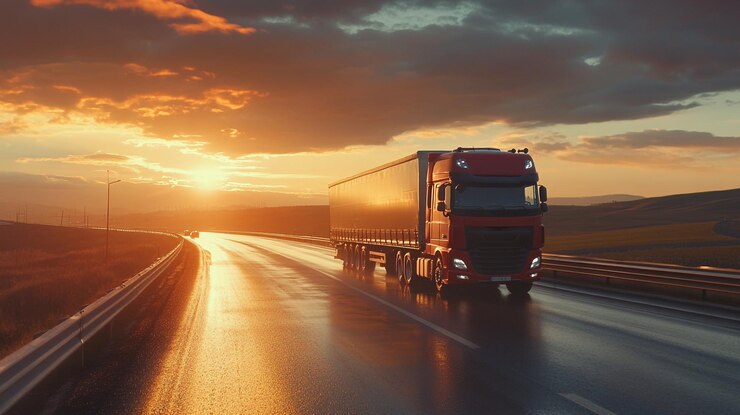 Un camión rojo conduciendo por una autopista durante una puesta de sol vibrante con reflejos en el pavimento mojado
