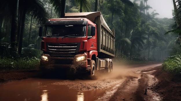 Un camión rojo conduciendo por un camino húmedo y fangoso dentro del bosque tropical