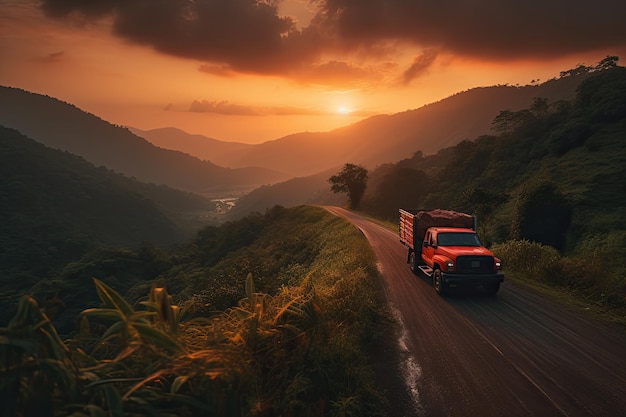 Camion rojo cruzando montañas al atardecer generativo IA